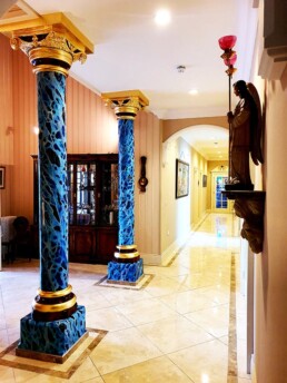 Faux finish and hand painted marbled columns with 24ct gold leaf, gilded capitals.