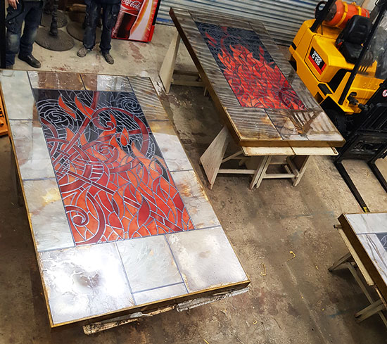 Fabrication prior to installation of large antique mirror glass and stained glass light boxes Fire Restaurant, Dublin