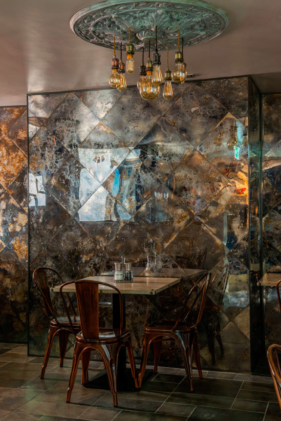 Smoked mirror glass wall installation at Brew Cafe, Belfast, Northern Ireland