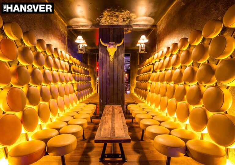 Distressed gilded ceiling created to compliment the distressed metallic plaster. Master designer Graham Barrow created and designed an inspirational furniture compilation which is one of the main and many specialist features to the nightclub.