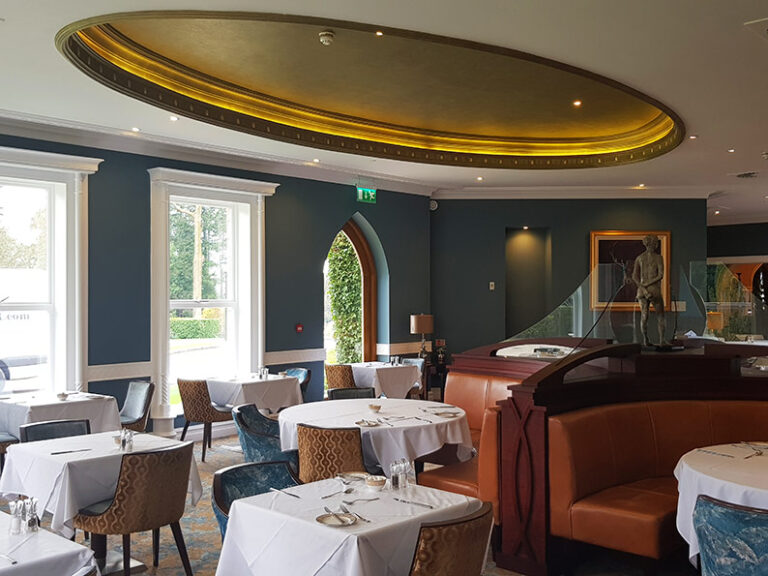Polished plaster ceilings in a beautiful gold stucco at the Culloden Hotel.
